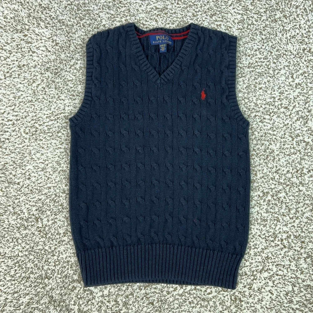 Polo Ralph Lauren Boys Sweater Vest Medium‎ Blue Cotton Cable Knit Pony Preppy